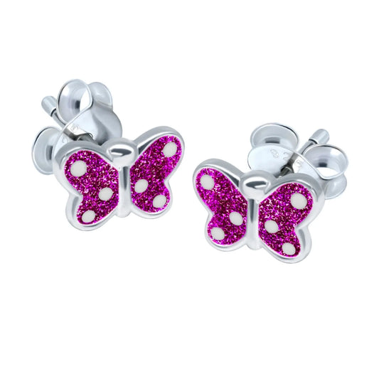 Kinderohrringe Schmetterling 925 Silber Glitzerfarbe fuchsia
