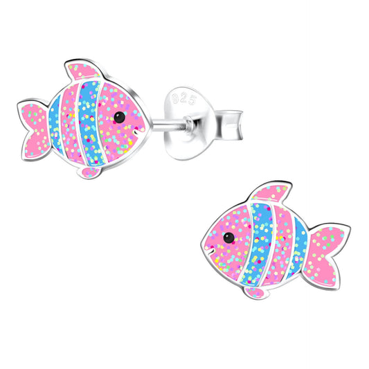 Kinderohrringe Fisch 925 silber Glitzer blau pink