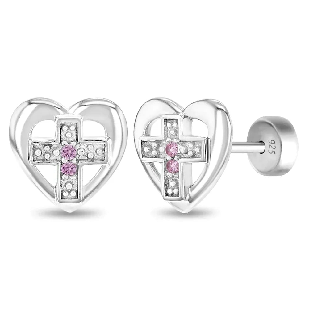 Ohrringe Herz Kreuz  925 Silber Sicherheitsverschluss 7x7 mm