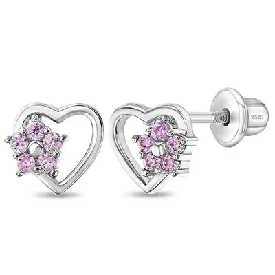 Ohrringe Herz Blume 925 Silber Sicherheitsverschluss 6x7 mm