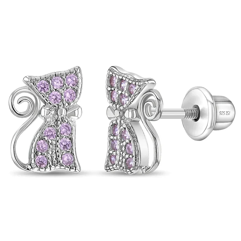 Kinder Ohrringe Katze  925 Silber Sicherheitsverschluss 6x7 mm