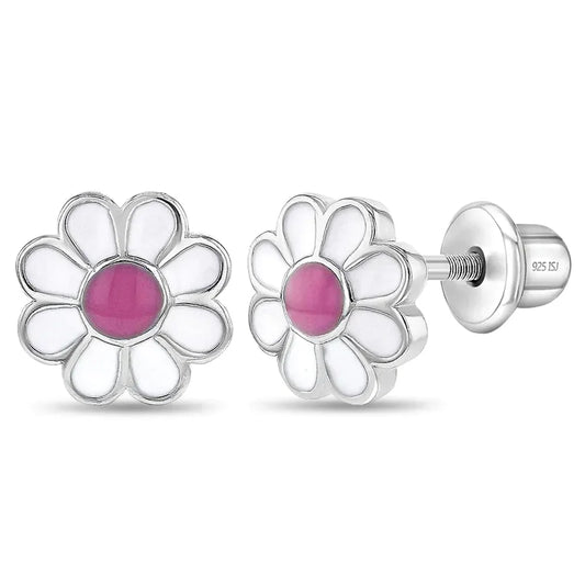 Kinder Ohrringe Gänseblümchen 925 Silber Sicherheitsverschluss 7 mm
