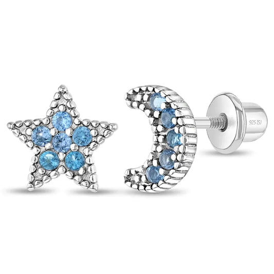 Ohrringe Mond Stern blau 925 Silber Sicherheitsverschluss 5x7 mm