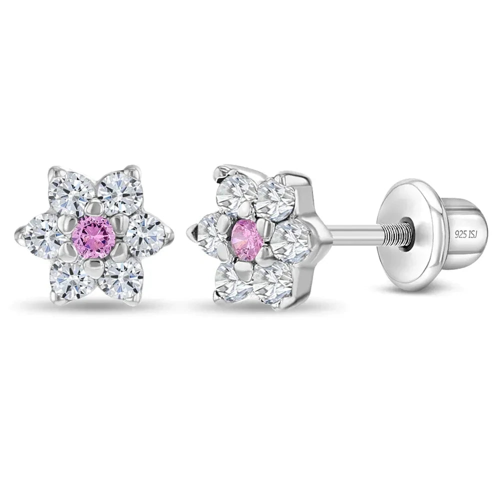 Kinder Ohrringe Blume Zirkonia 925 Silber Sicherheitsverschluss 4 mm