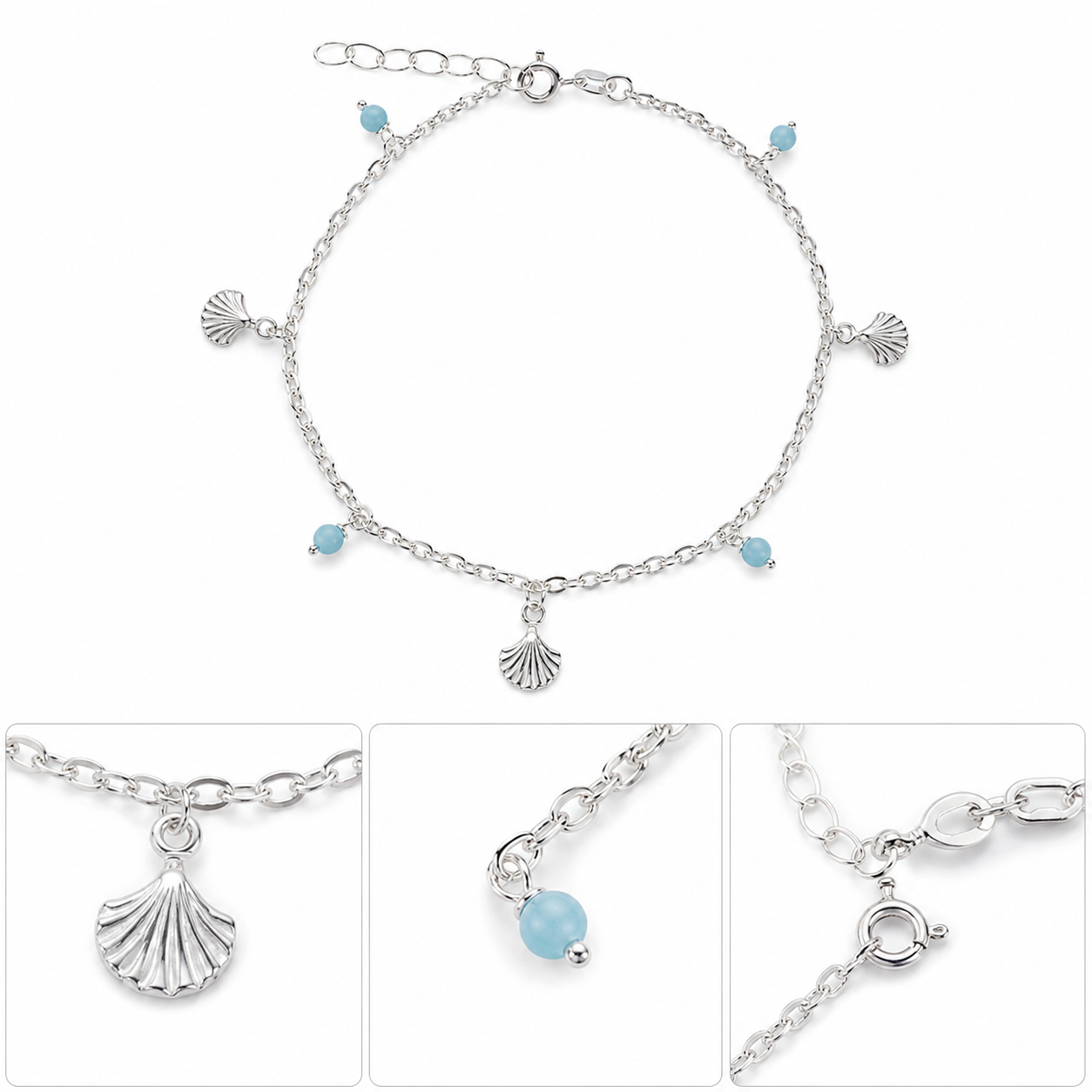Fußkette Fußkettchen Muschel - Türkiskugeln 925 Silber
