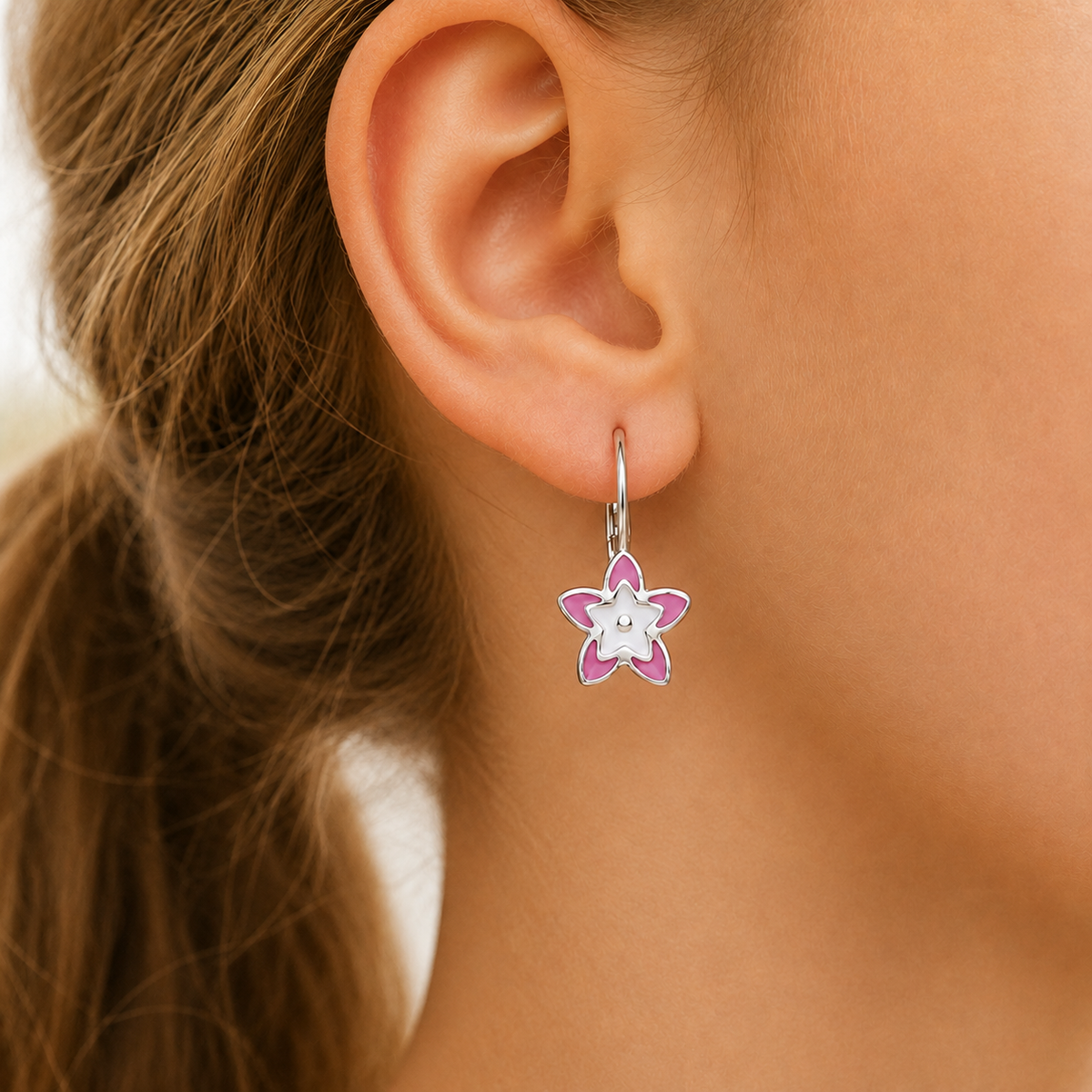 Kinderohrringe Ohrhänger pink weisse Blume 925 Silber
