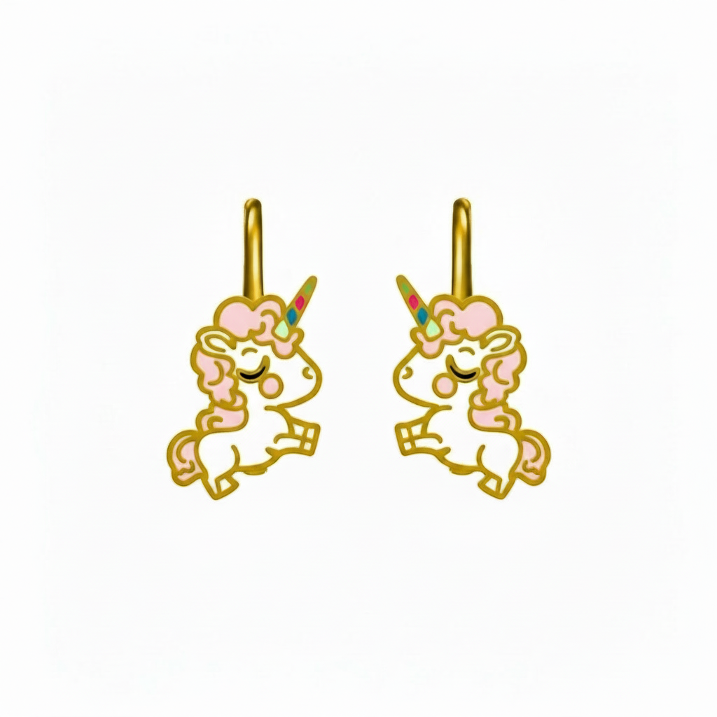Kinderohrringe Einhorn Pony, 925 Silber vergoldet, zwei Regenbogen-Einhorn-Ohrringe mit rosa Mähne und goldener Kontur