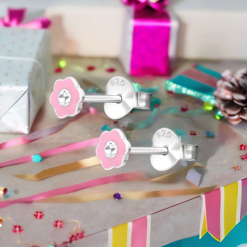 Kinderohrringe pinke Blume 925 Silber Kristall klar