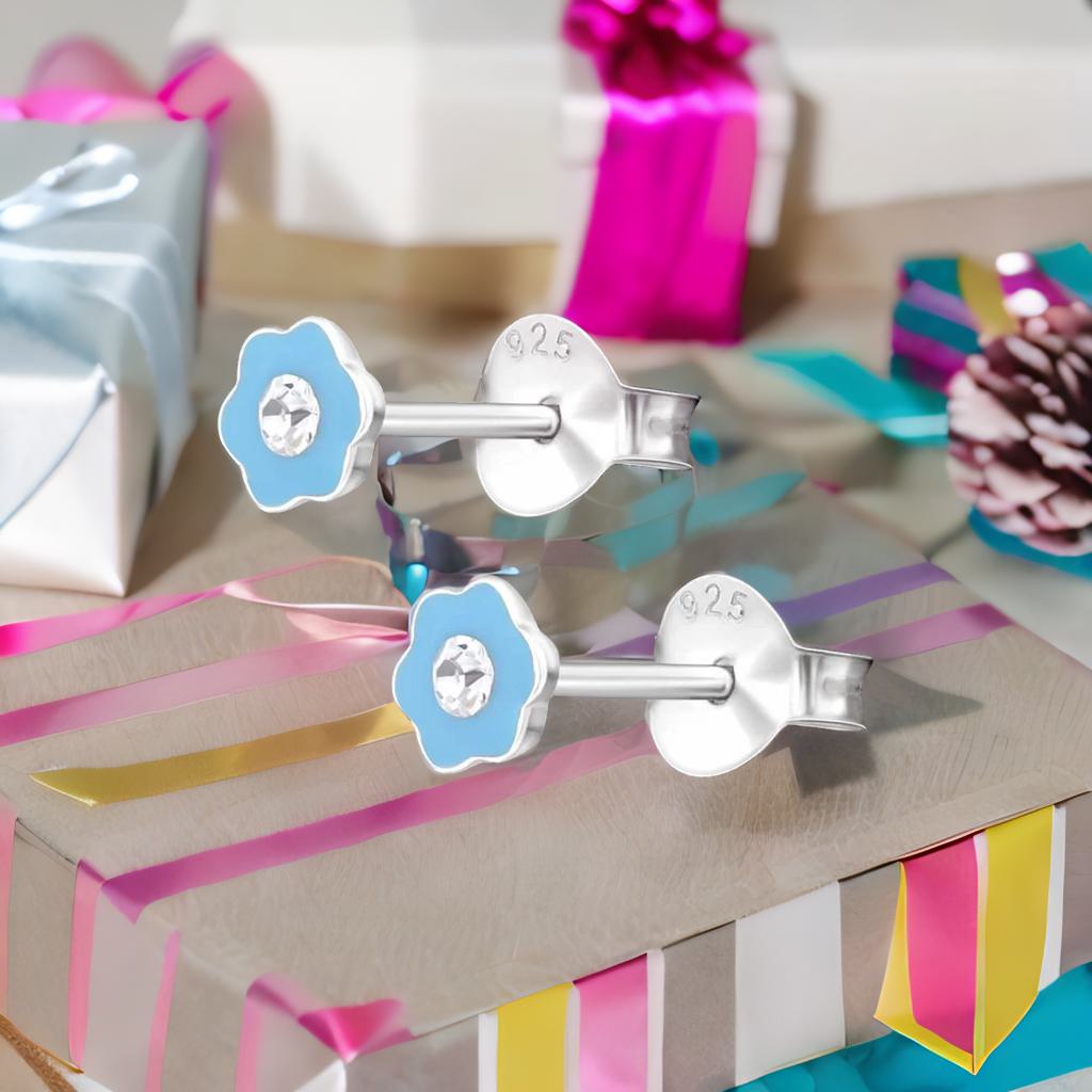 Kinderohrringe blaue Blume 925 Silber Kristall klar