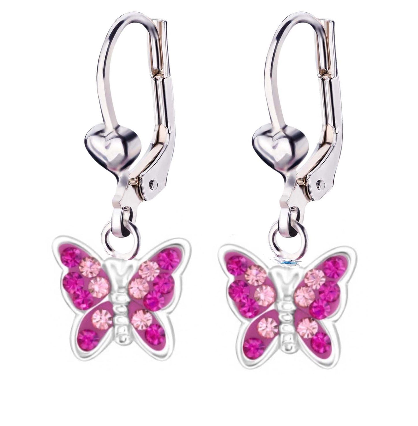 Kinderohrringe Schmetterling 925 Silber zwei pinke Kristallfarben