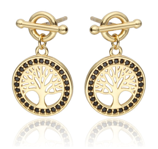 Ohrringe Lebensbaum Zirkonia schwarz 925 Silber vergoldet