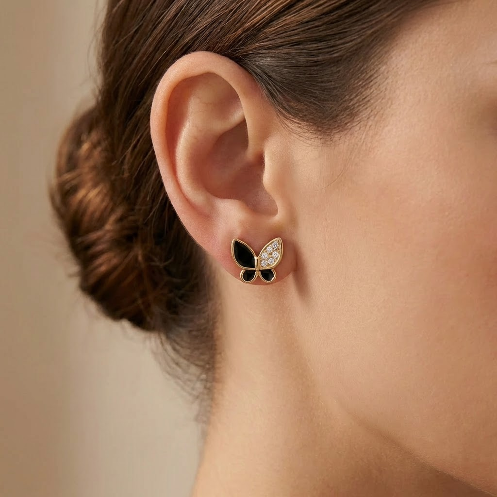 Ohrringe schwarzer Schmetterling Zirkonia 925 Silber vergoldet