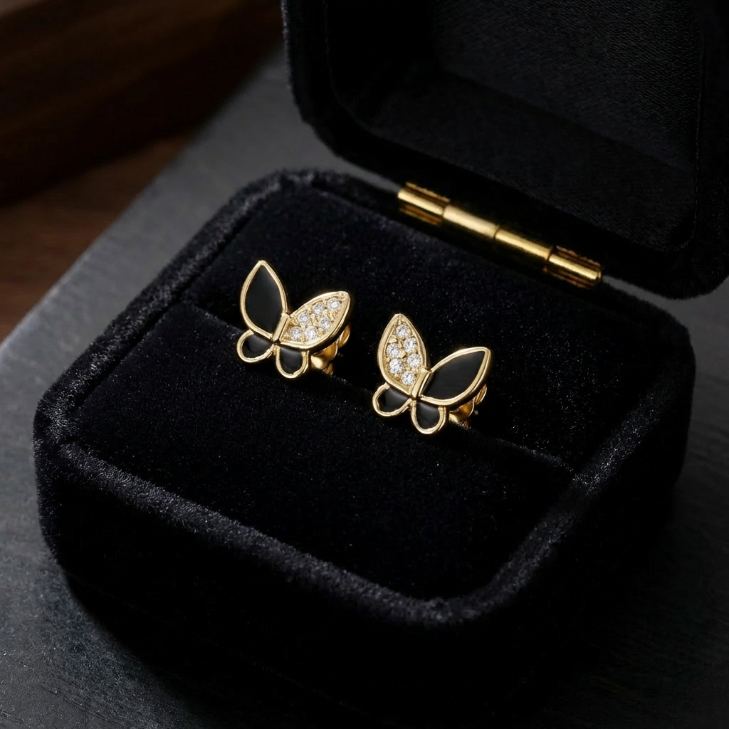 Ohrringe schwarzer Schmetterling Zirkonia 925 Silber vergoldet