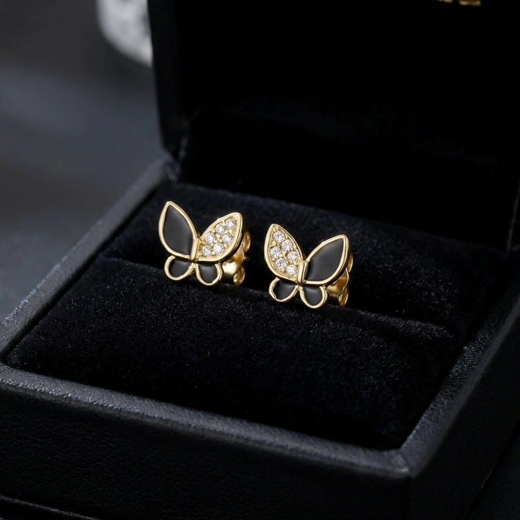 Ohrringe schwarzer Schmetterling Zirkonia 925 Silber vergoldet