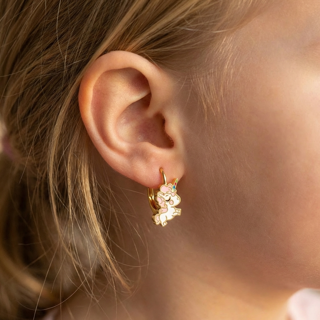 Kinderohrringe Einhorn Pony, 925 Silber vergoldet, Regenbogenfarbenes Einhorn am Ohr eines Kindes