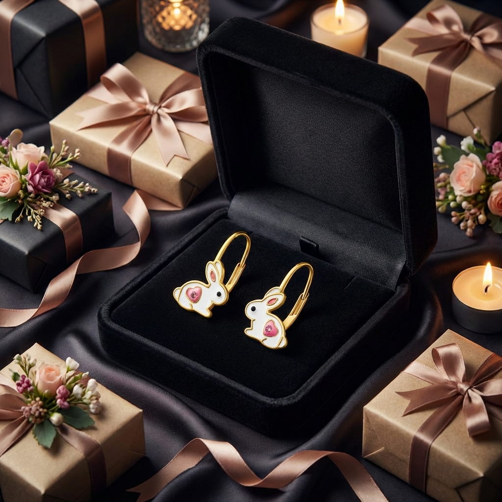 Kinderohrringe Hase rosa Herz 925 Silber vergoldet