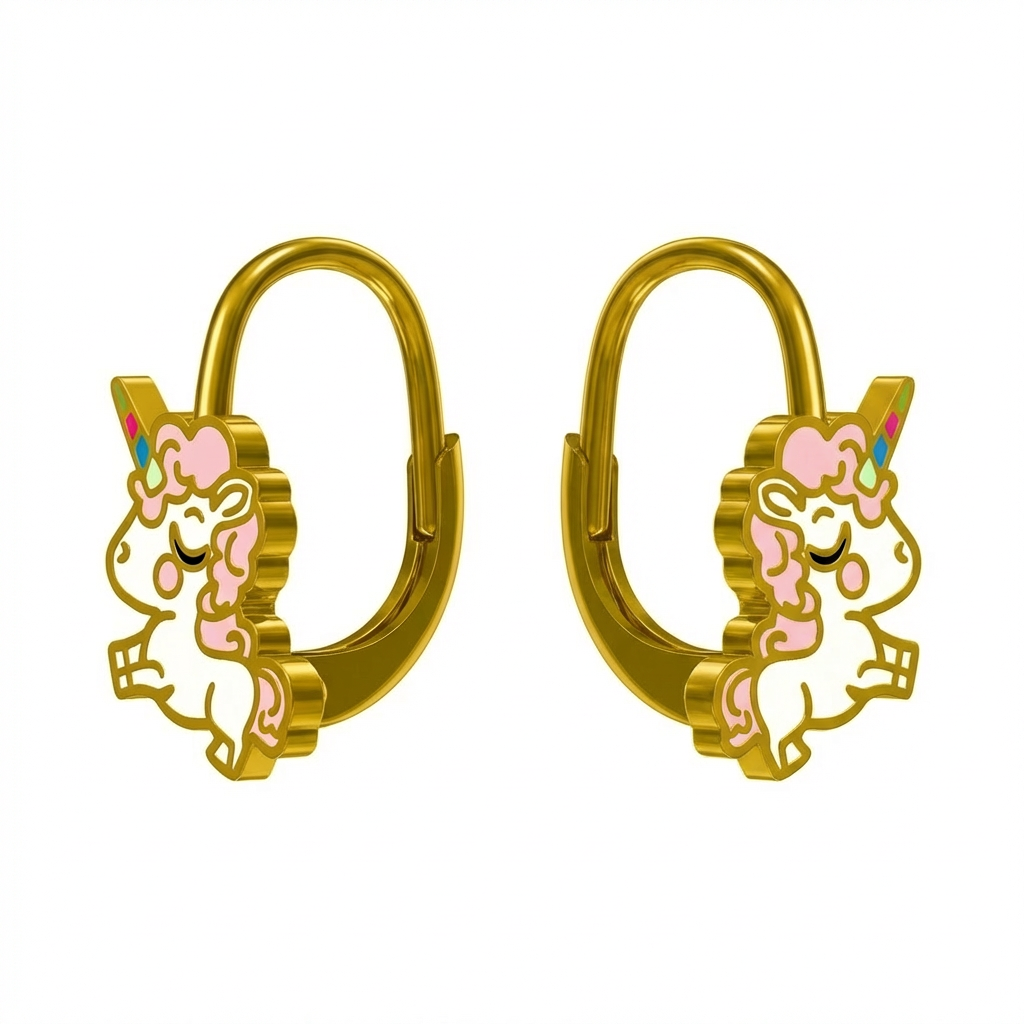 Kinderohrringe Einhorn Pony, 925 Silber vergoldet, goldene Creolen mit buntem Einhorn-Anhänger