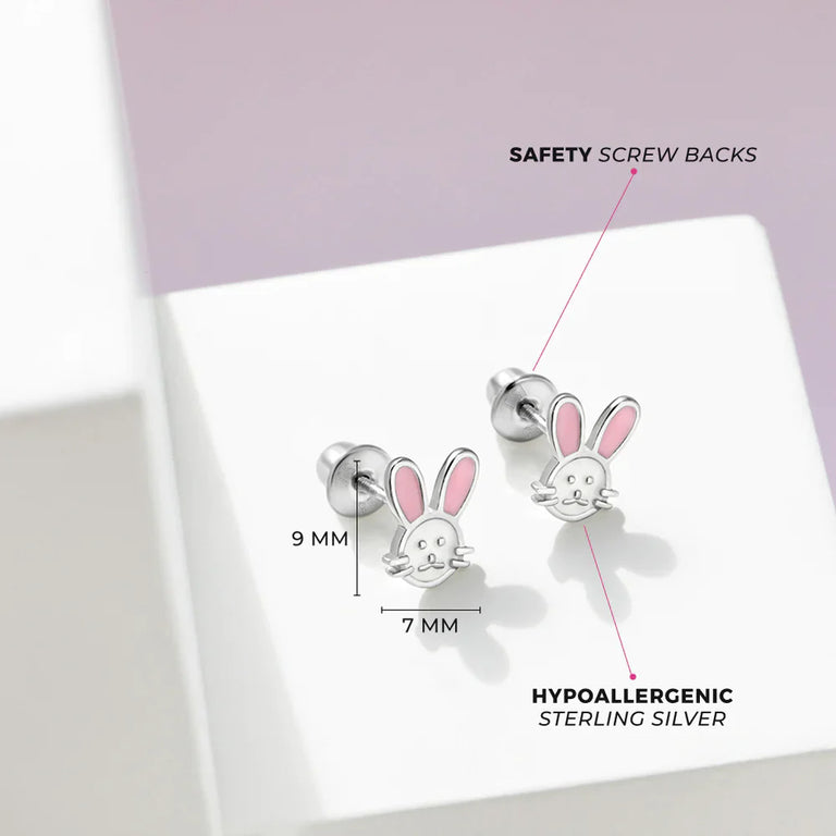 Laimons Kinder-Ohrstecker – Häschen Aus Sterling Silber 925 Mit Pinkem Akzent, Für Mädchen